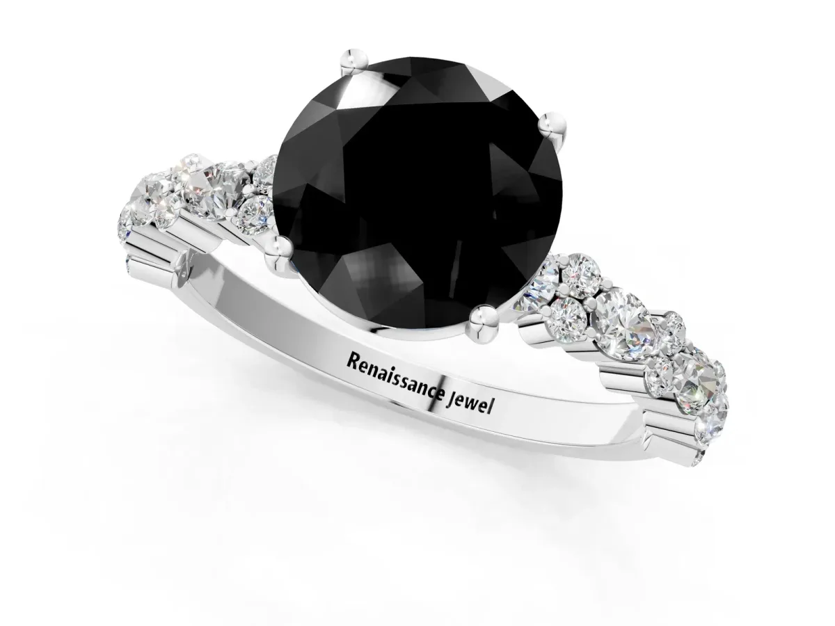 Fancy Black Round Cut Diamond Side Stone Solitaire Ring with Round and Four-Prong Setting White gold
