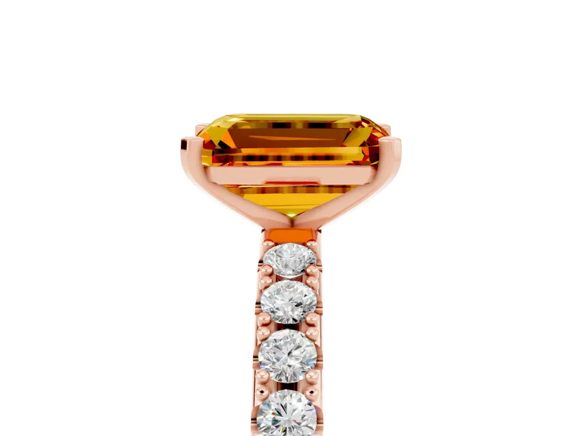 Emerald Cut Citrine Solitaire Pavé Band with Four-Prong Setting Rose gold