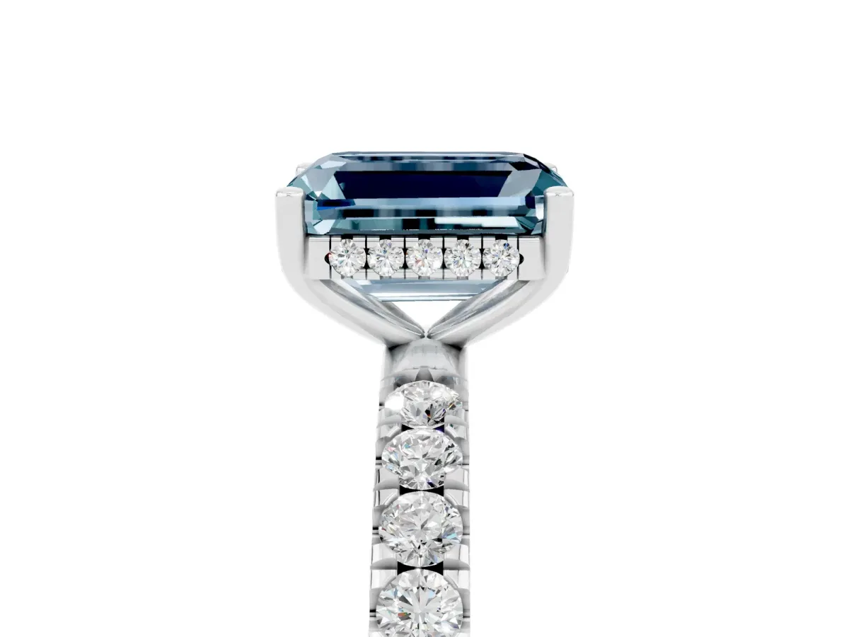 Emerald Cut Aquamarine Pave Band Solitaire Ring with Round and Prong Setting Silver