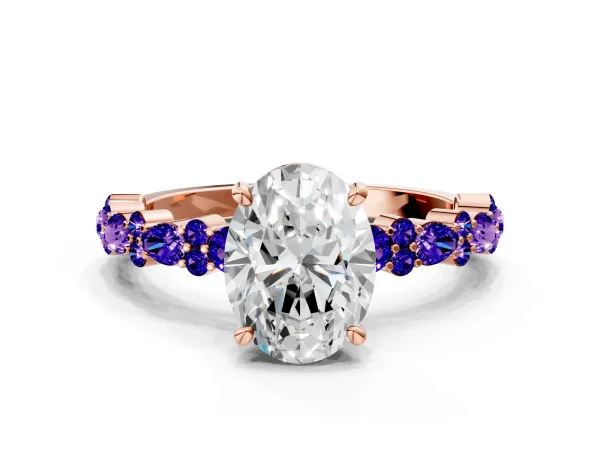 Oval Cut Diamond Side Stone Solitaire Ring with Round Tanzanite and Four-Prong Setting Rose gold