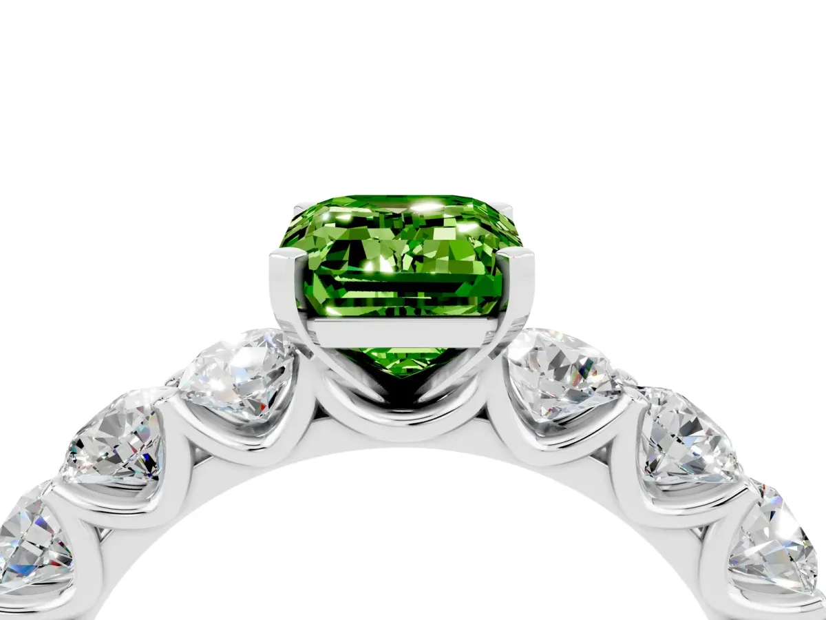 Emerald Cut Peridot Prong Setting with Side Stones on a Pave Band Silver