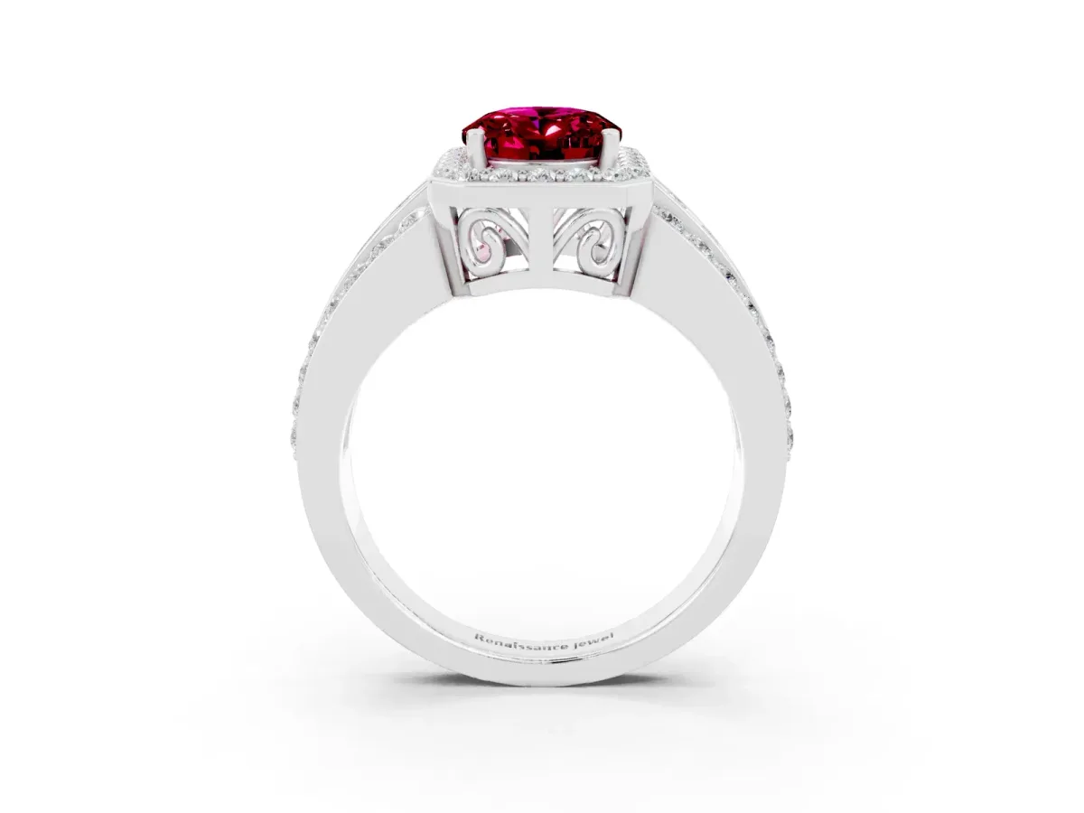 Oval Cut Halo Garnet Ring with Round Split Shank and Prong Setting Platinum
