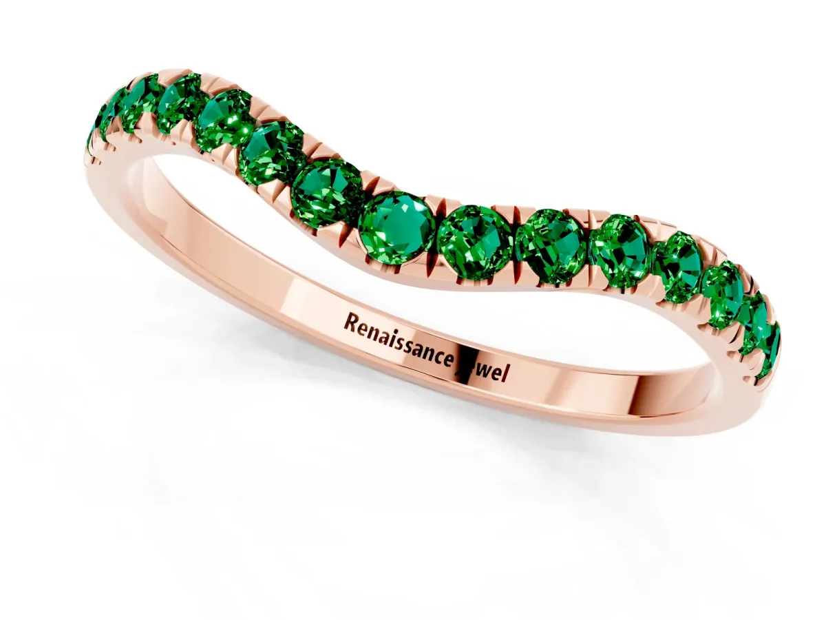 Curved Pavé Round Emerald Wedding Band with Shared Prong Setting Rose gold