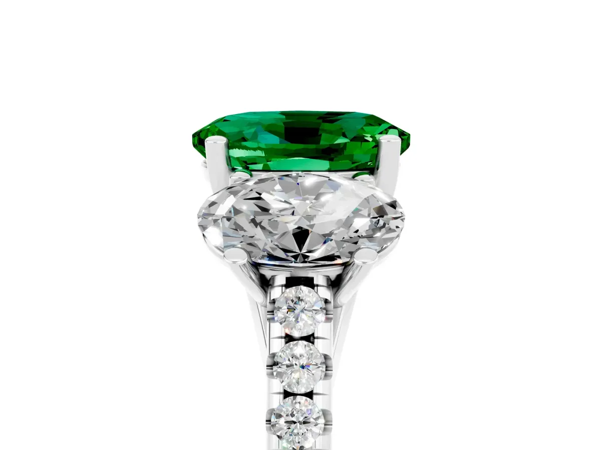 Three-Stone Oval Cut Emerald Ring with Round Pavé Band and Prong Setting Platinum