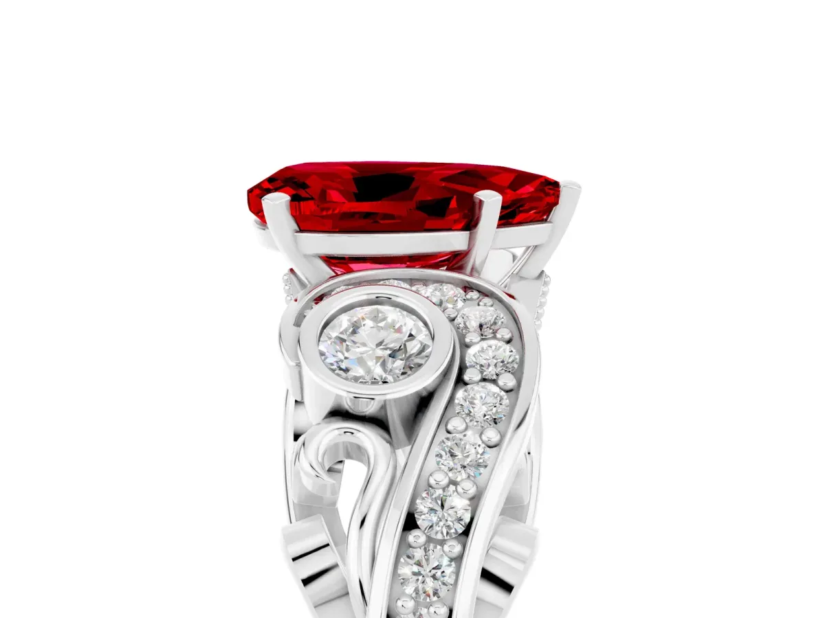 Pear Cut Ruby Solitaire Ring with Milgrain Pavé Band and Four-Prong Setting Platinum