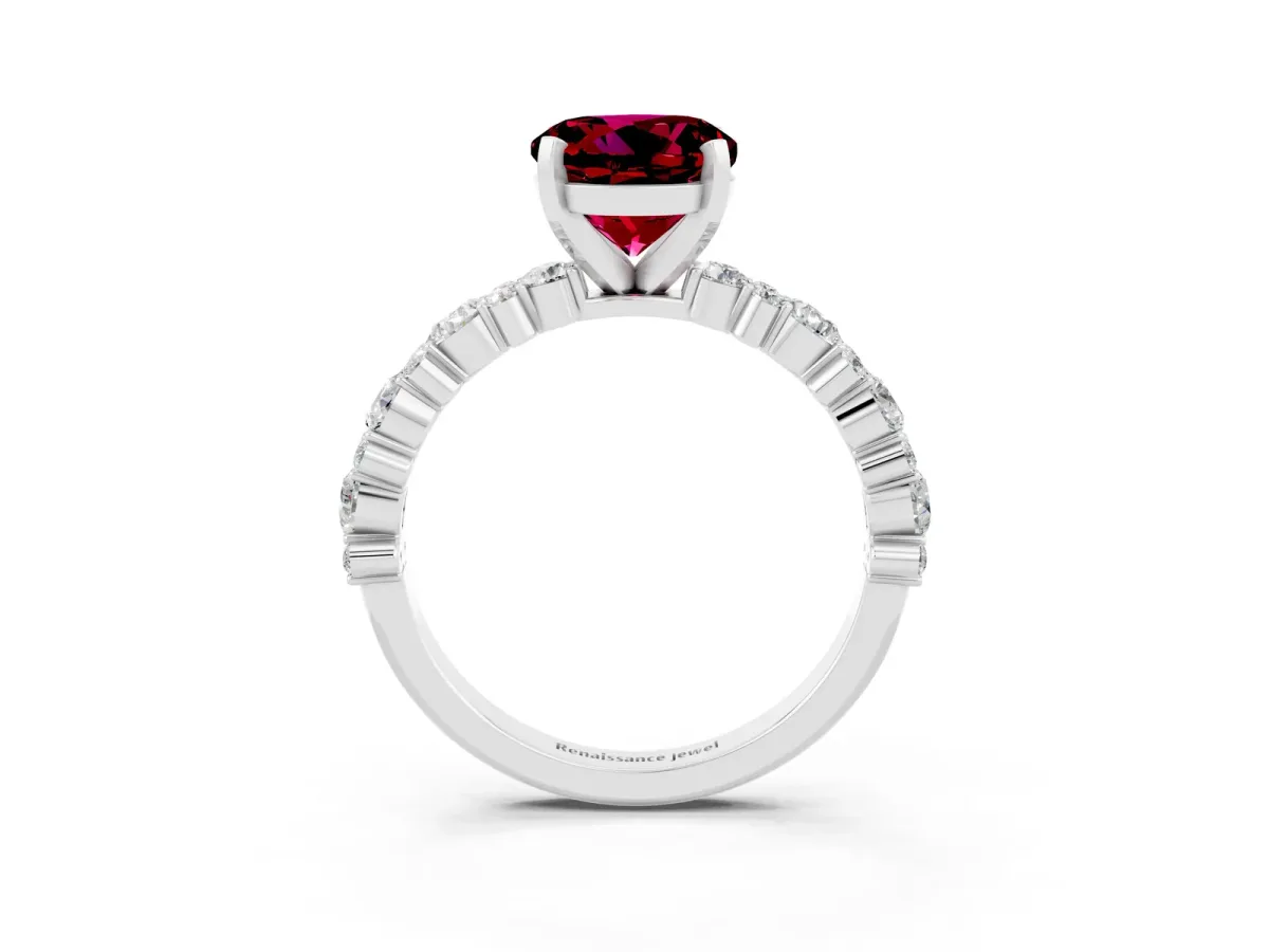 Round Cut Garnet Side Stone Solitaire Ring with Round and Four-Prong Setting Platinum