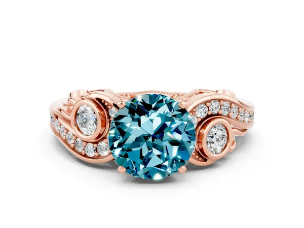 Round Cut Blue Topaz Solitaire Ring with Milgrain Pavé Band and Four-Prong Setting Rose gold