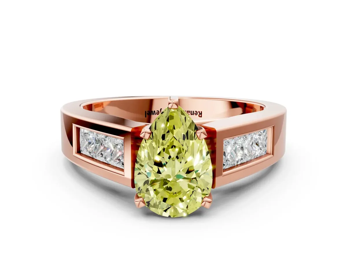 Fancy Yellow Pear Cut Cut Channel Set Solitaire Ring with Four-Prong Setting Rose gold