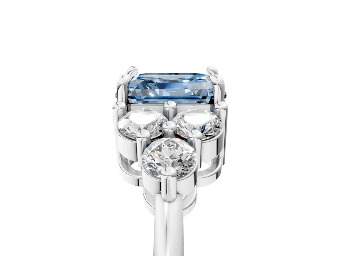 Fancy Blue Asscher Cut Brilliant Diamond Cluster Accent Solitaire Ring with Prong Setting Platinum
