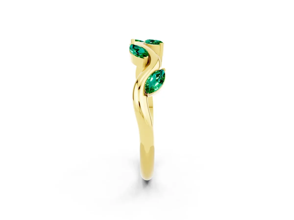 Marquise Emerald Twisted Band with Prong Setting Yellow gold