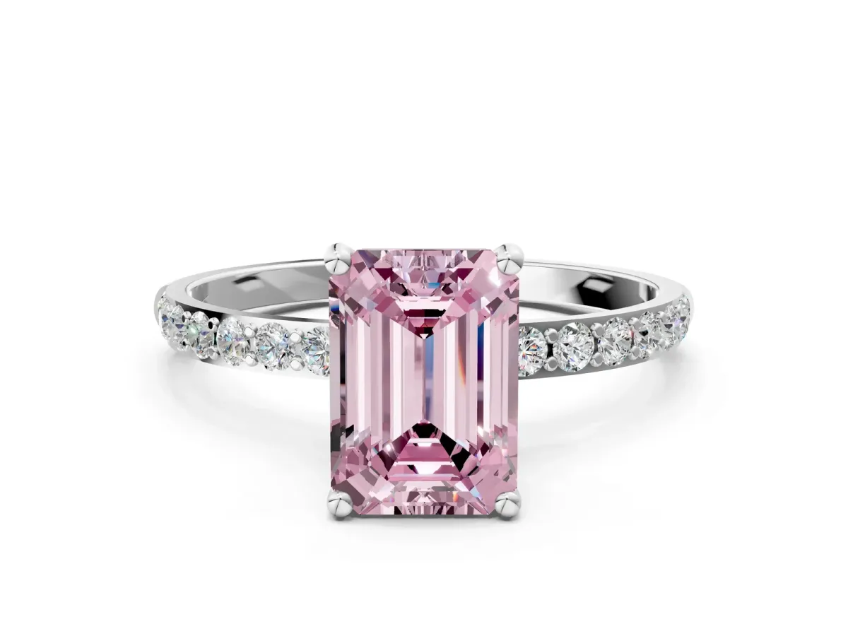 Fancy Pink Emerald Cut Diamond Solitaire Ring with Round Pavé Shoulders and Prong Setting Silver