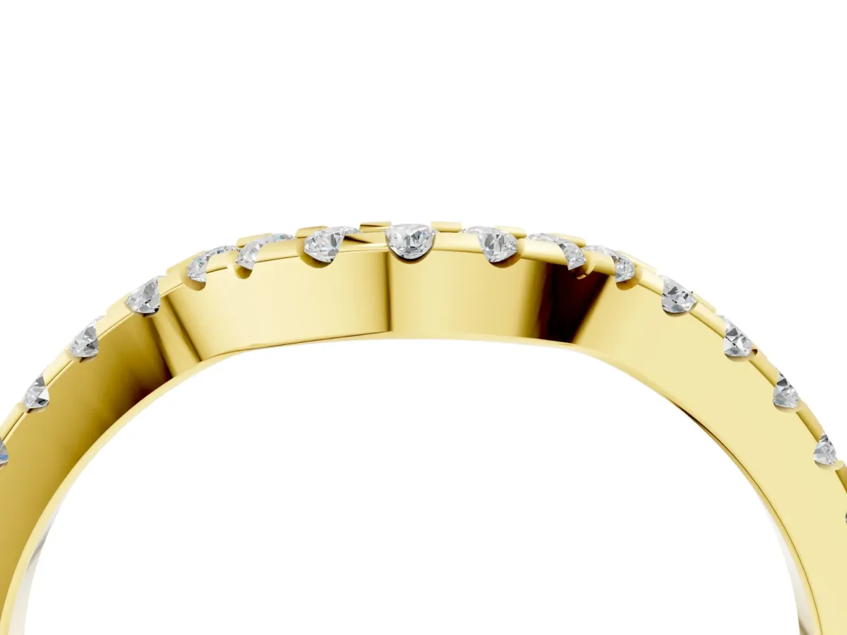 Pavé Round Diamond Curved Wedding Band with Shared Prong Setting Yellow gold