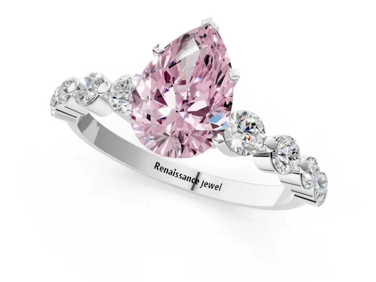 Fancy Pink Pear Cut Solitaire Diamond Ring with Pave Band and Four-Prong Setting Silver