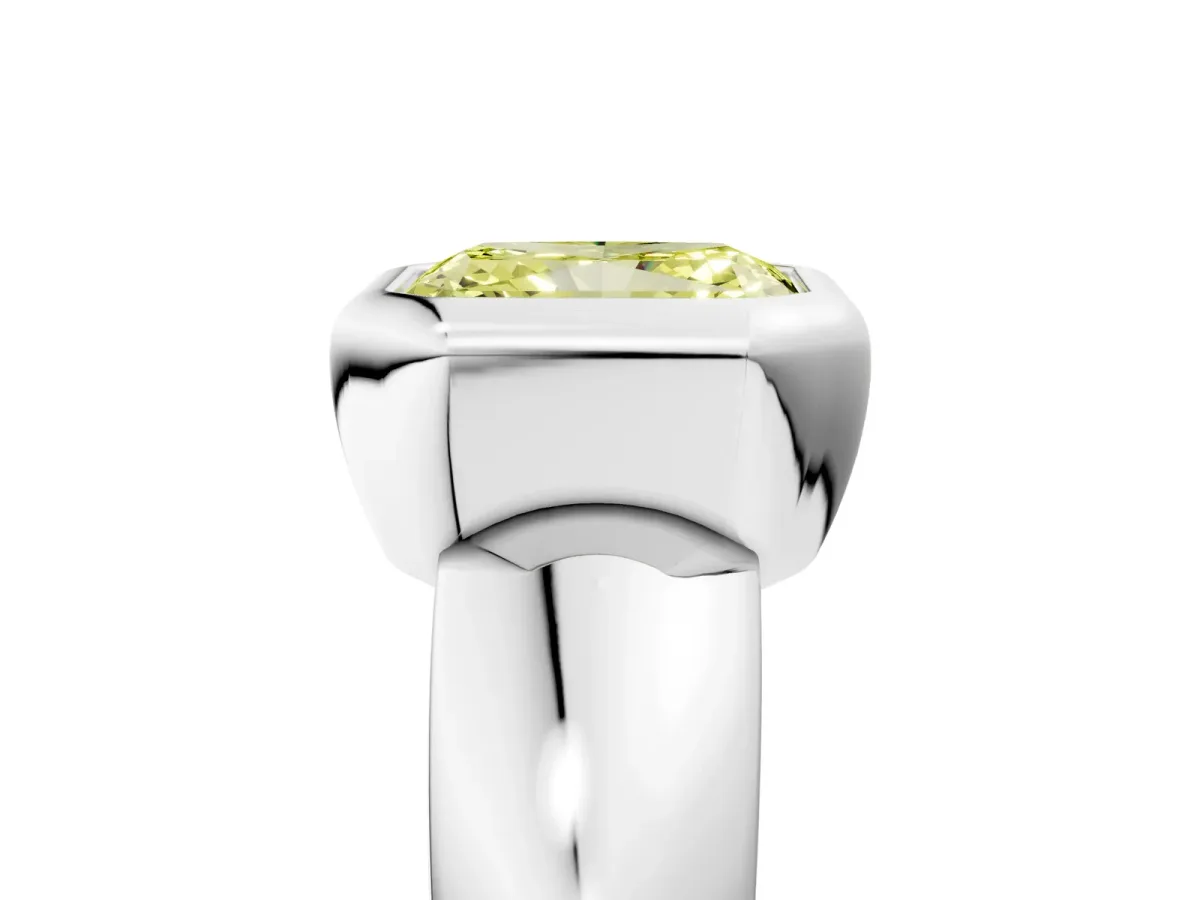 Fancy Yellow Bezel Set Radiant Cut Solitaire Ring with Wide Band Platinum