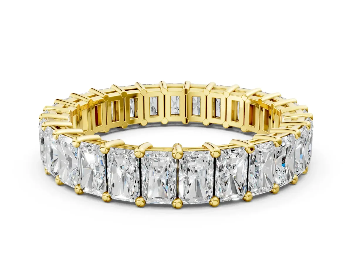radiant Cut eternity band with shared prong setting Yellow gold