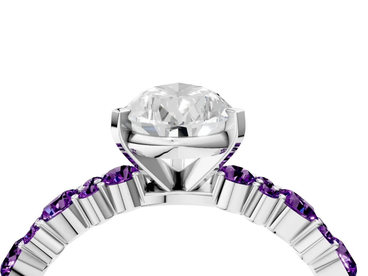Pear Cut Diamond Side Stone Solitaire Ring with Round Amethyst and Four-Prong Setting Platinum