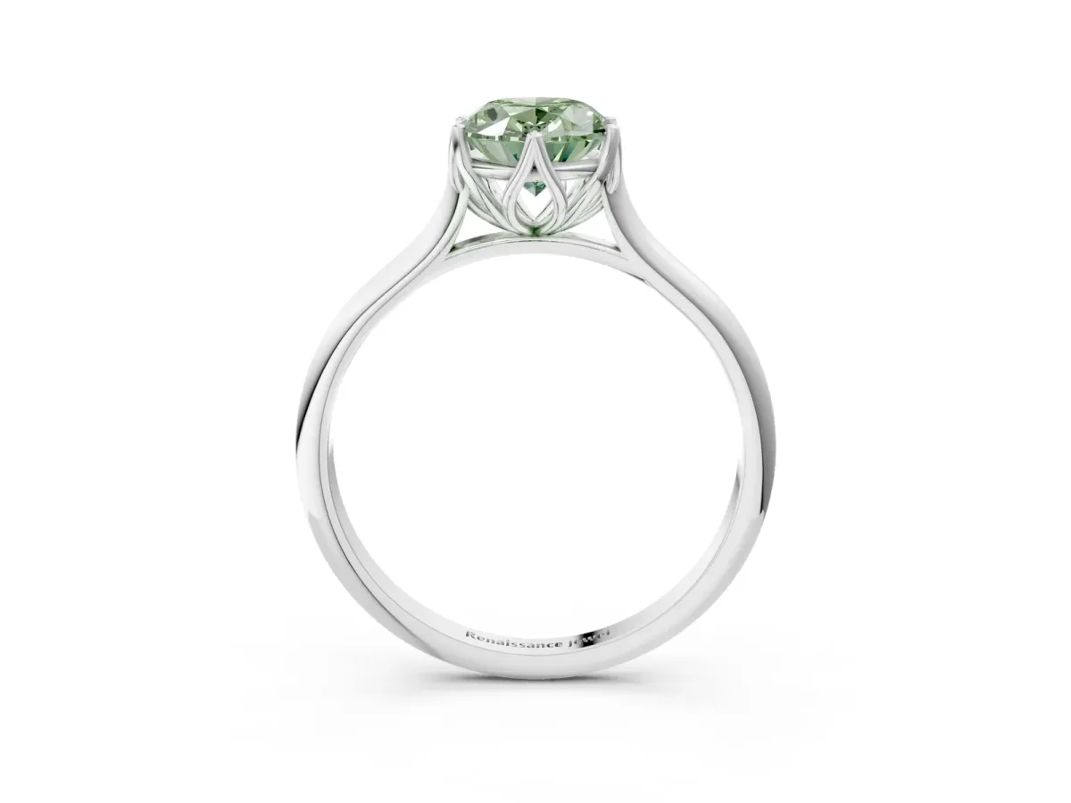 Fancy Green Oval Cut Solitaire Cathedral Diamond Ring with Six-Prong Setting Silver