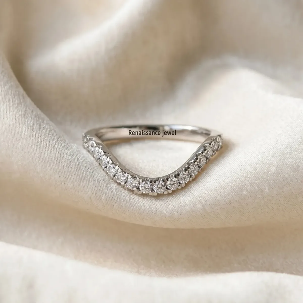 Curved Pavé Round Diamond Eternity Band with Shared Prong Setting Silver