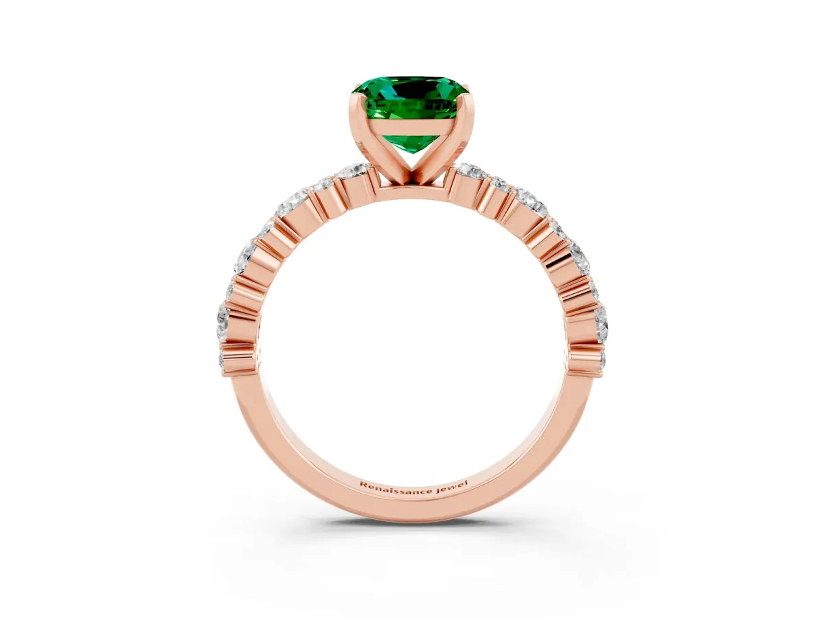 Cushion Cut Emerald Side Stone Solitaire Ring with Round and Four-Prong Setting Rose gold