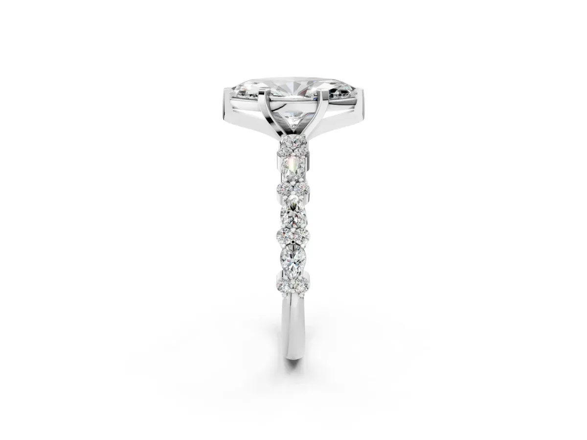 Marquise Cut Diamond Side Stone Solitaire Ring with Round and Four-Prong Setting Platinum