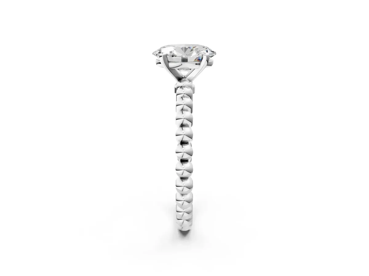 Oval Cut Diamond Solitaire Ring with Beaded Band and Prong Setting Silver