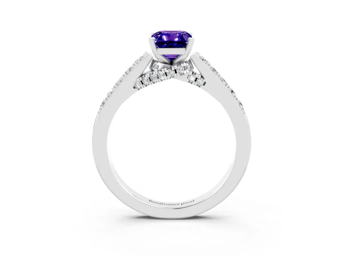 Emerald Cut Tanzanite Solitaire Ring with Crossover Gallery and Round Pavé Band Silver