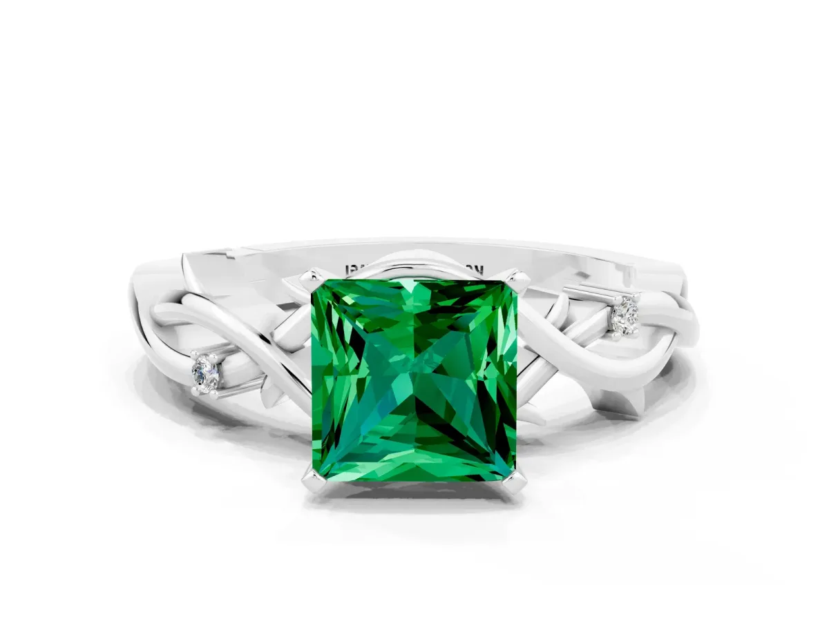 Princess Cut Emerald Solitaire Ring with Twisted Band and Prong Setting Silver