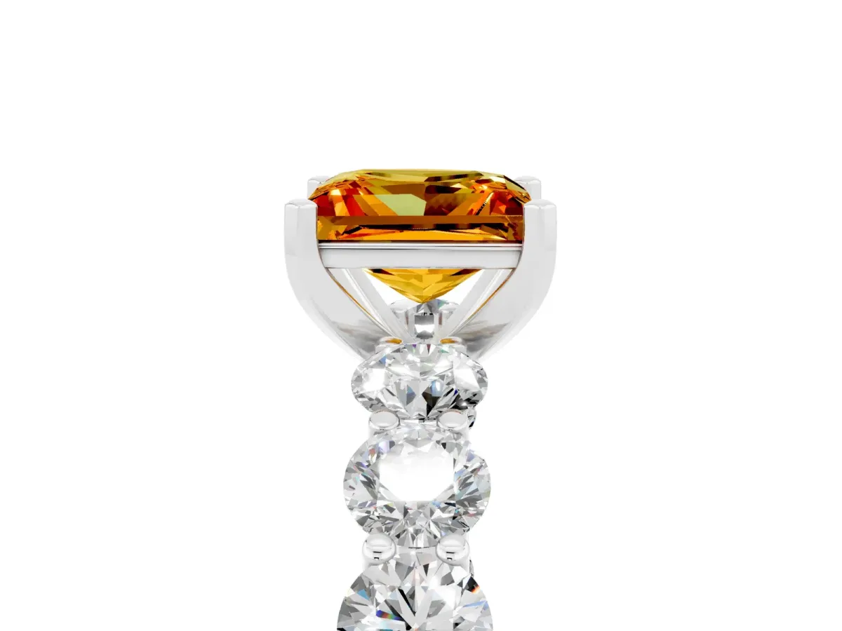 Princess Cut Citrine Prong Setting with Side Stones on a Pave Band Silver