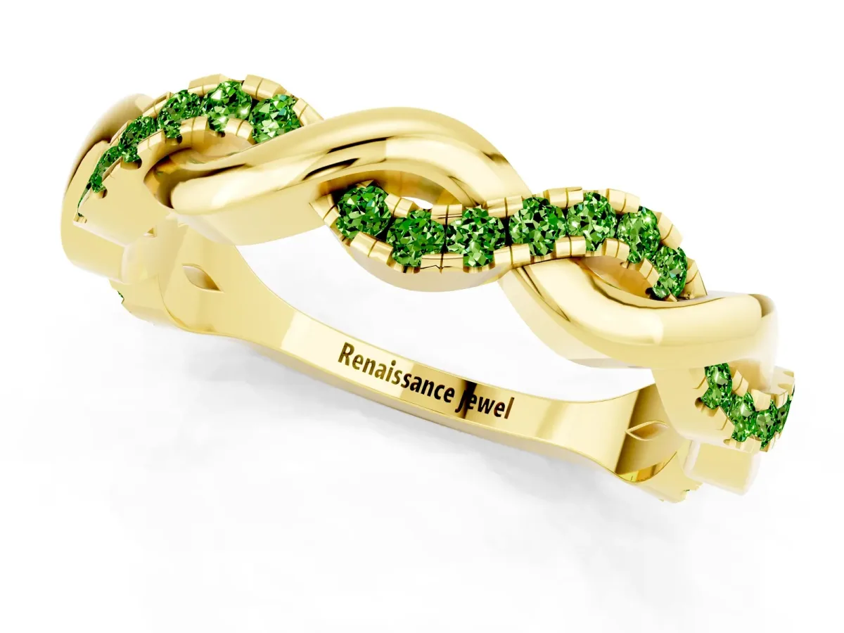 Pavé Round Peridot Twist Eternity Band with Shared Prong Setting Yellow gold