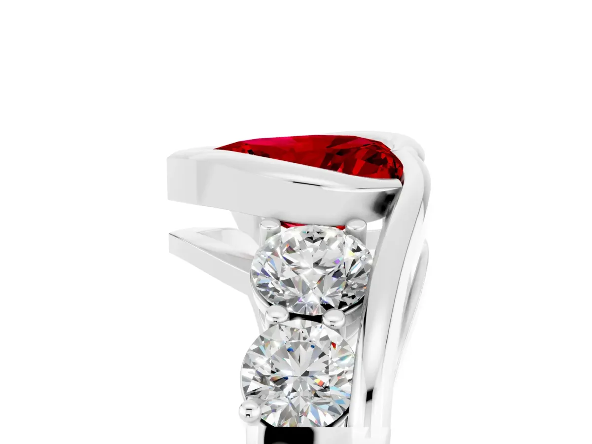 Bezel Set Heart Cut Ruby Bypass Ring with Round Accents Silver