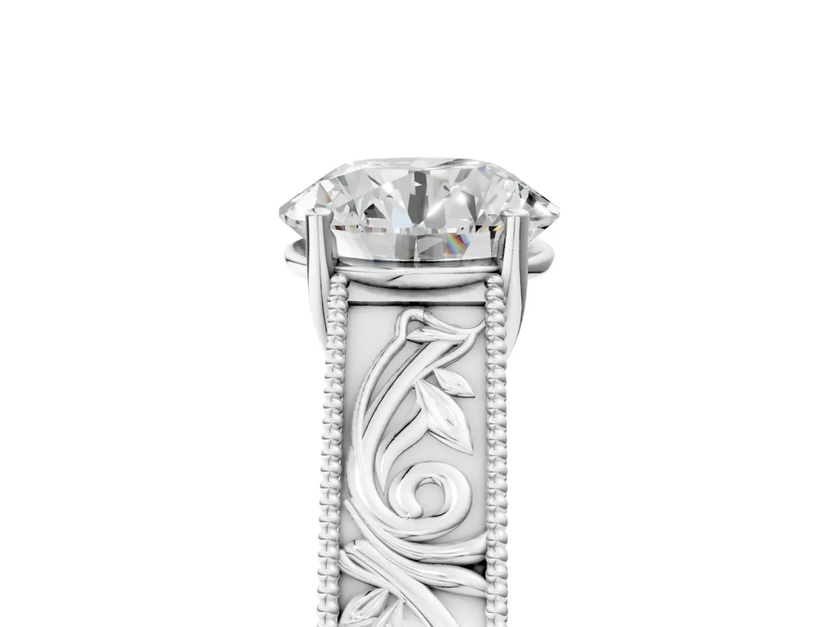 Round Cut Diamond Solitaire Ring with Engraved Band and Four-Prong Setting White gold