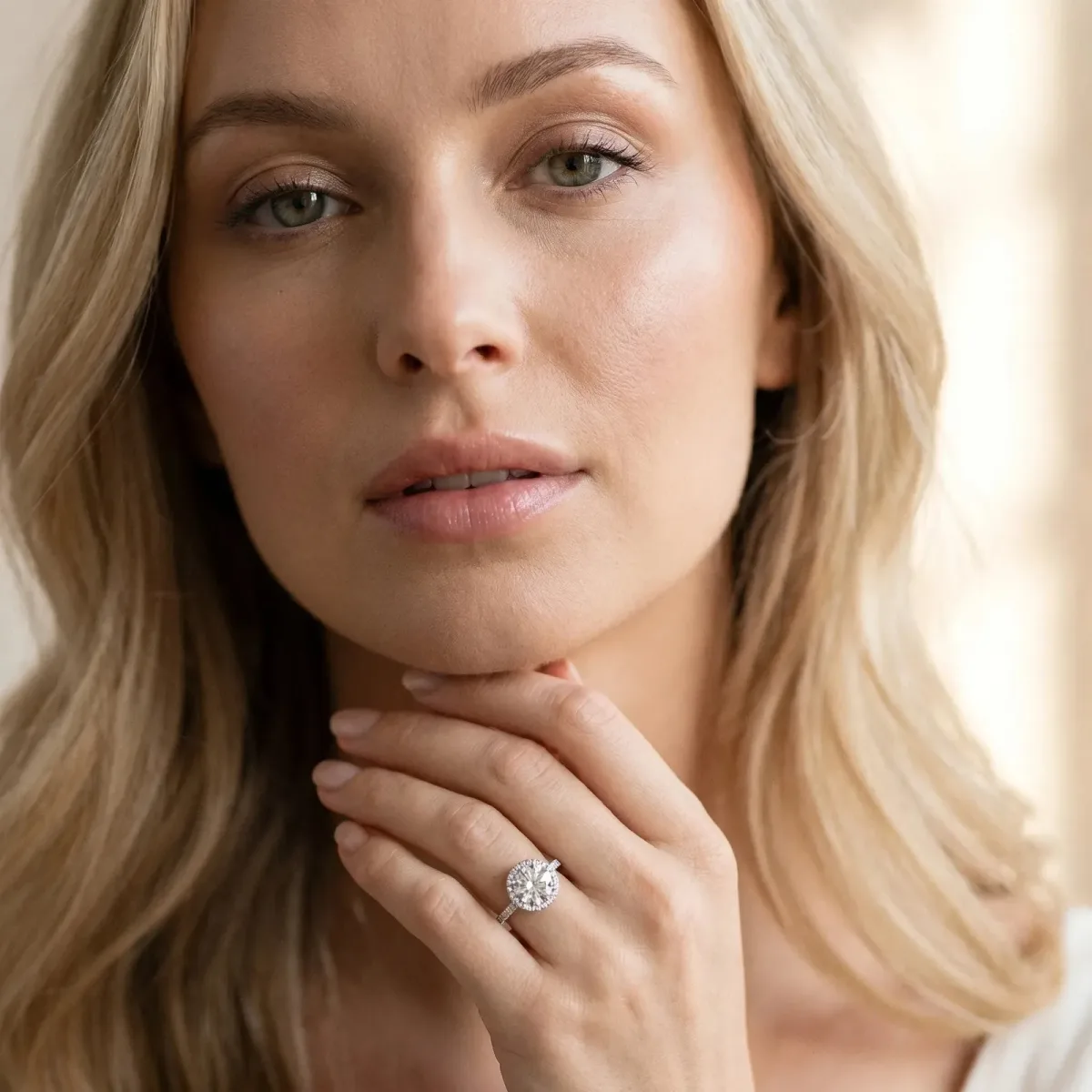Round Cut Diamond Pavé Halo Ring with Four-Prong Setting White gold