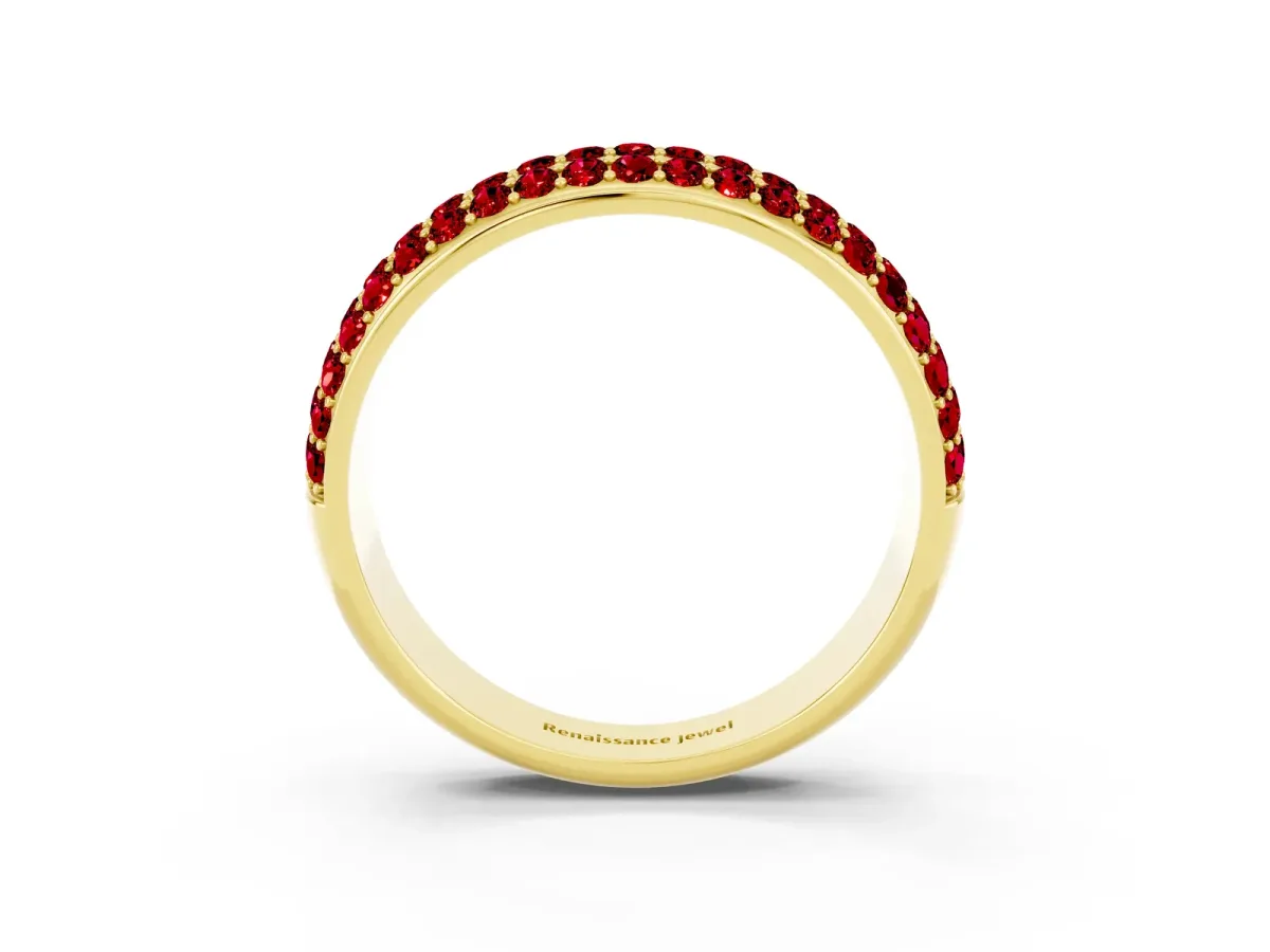 Three-Row Round Ruby Eternity Band with Shared Prong Setting Yellow gold