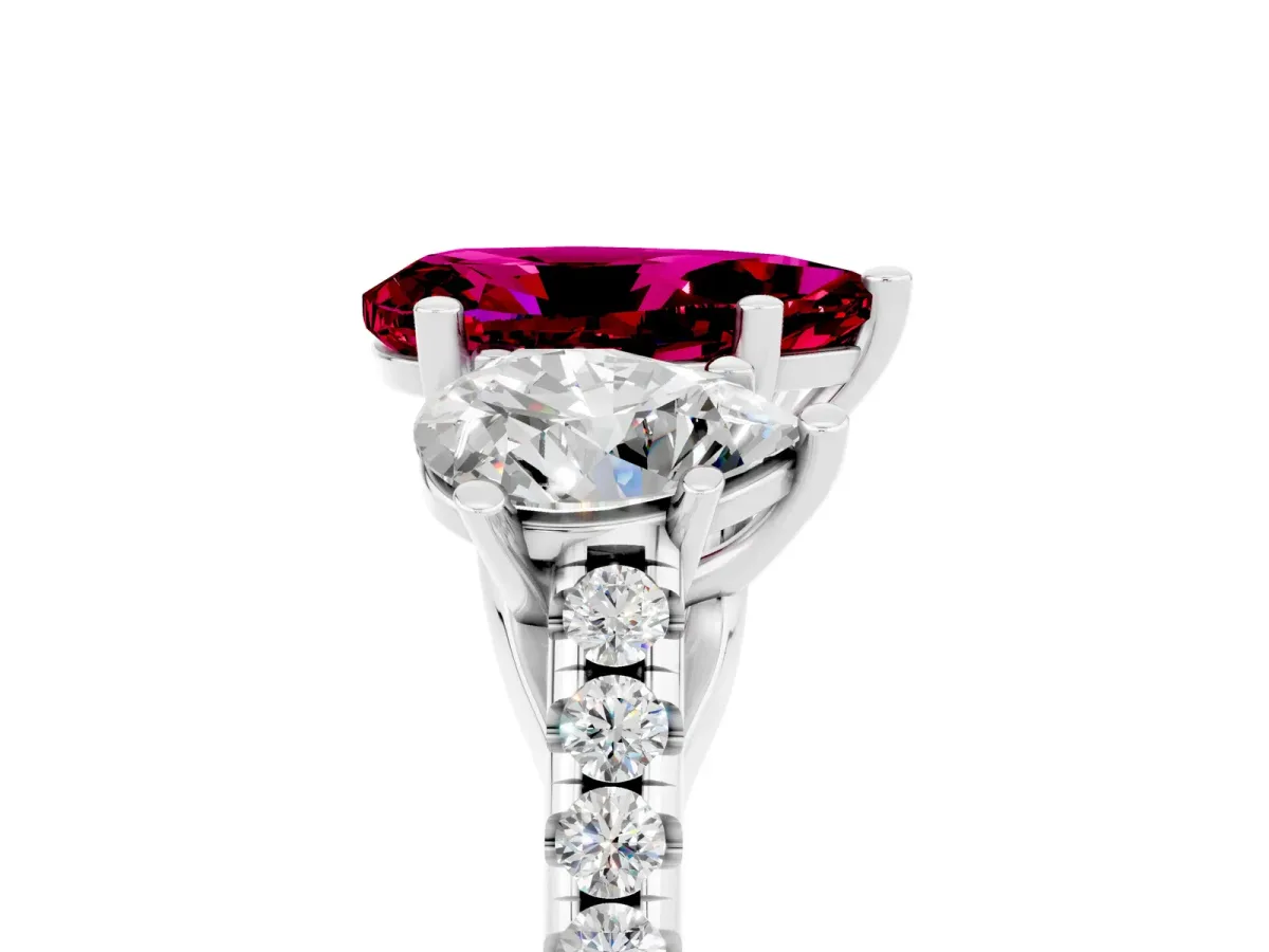Three-Stone Pear Cut Garnet Ring with Round Pavé Band and Prong Setting Platinum