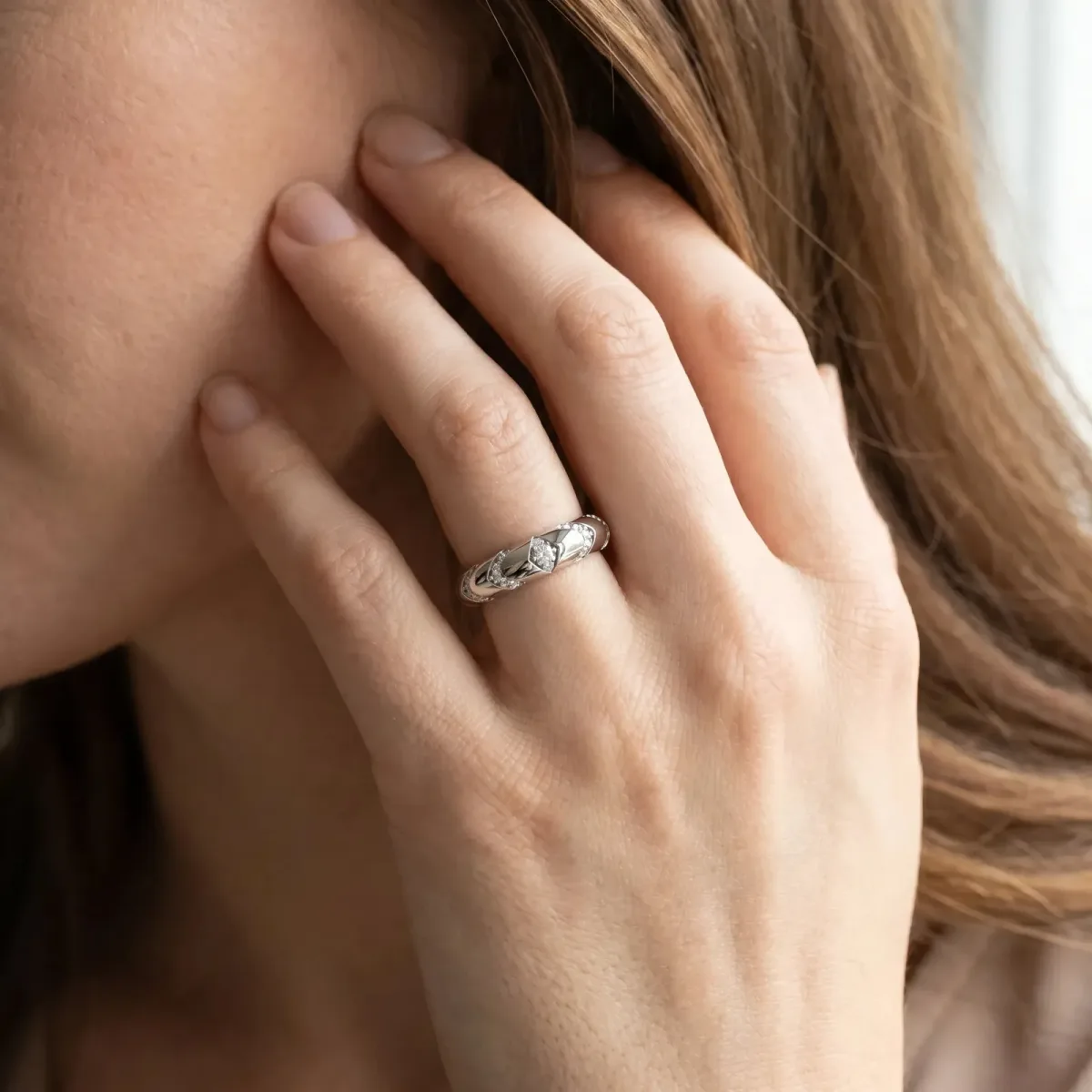 Round Diamond Channel Set Curved Band with Bezel Setting Platinum