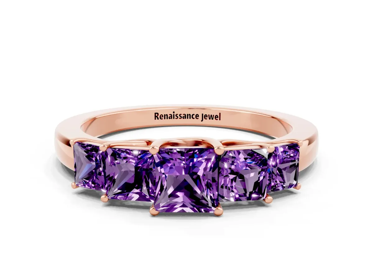 Princess Cut Five-Stone Amethyst Ring with Classic Prong Setting Rose gold