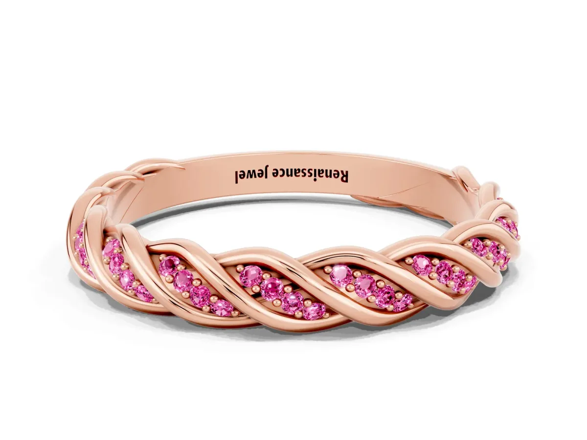 Twisted Pavé Round Pink Sapphire Eternity Band with Shared Prong Setting Rose gold