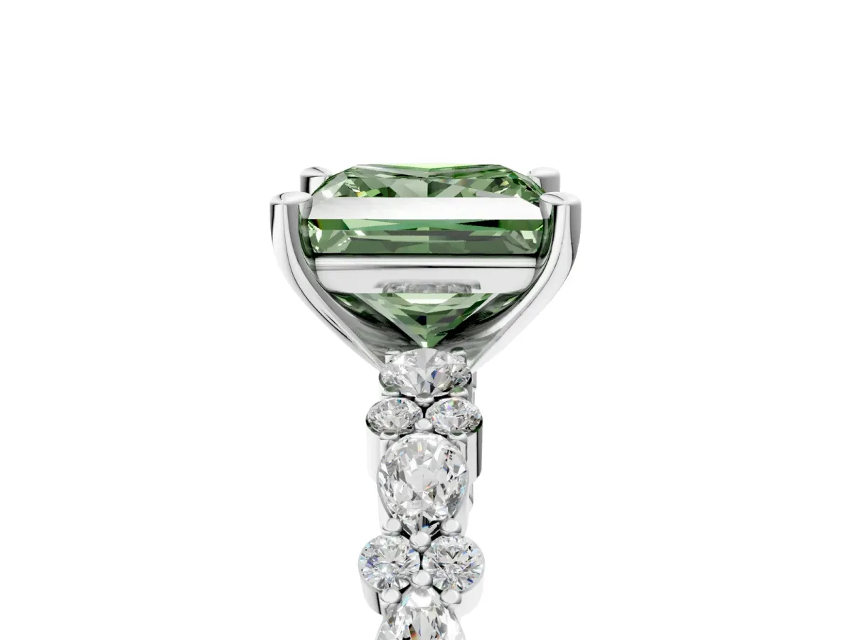 Fancy Green Princess Cut Diamond Side Stone Solitaire Ring with Round and Four-Prong Setting Silver