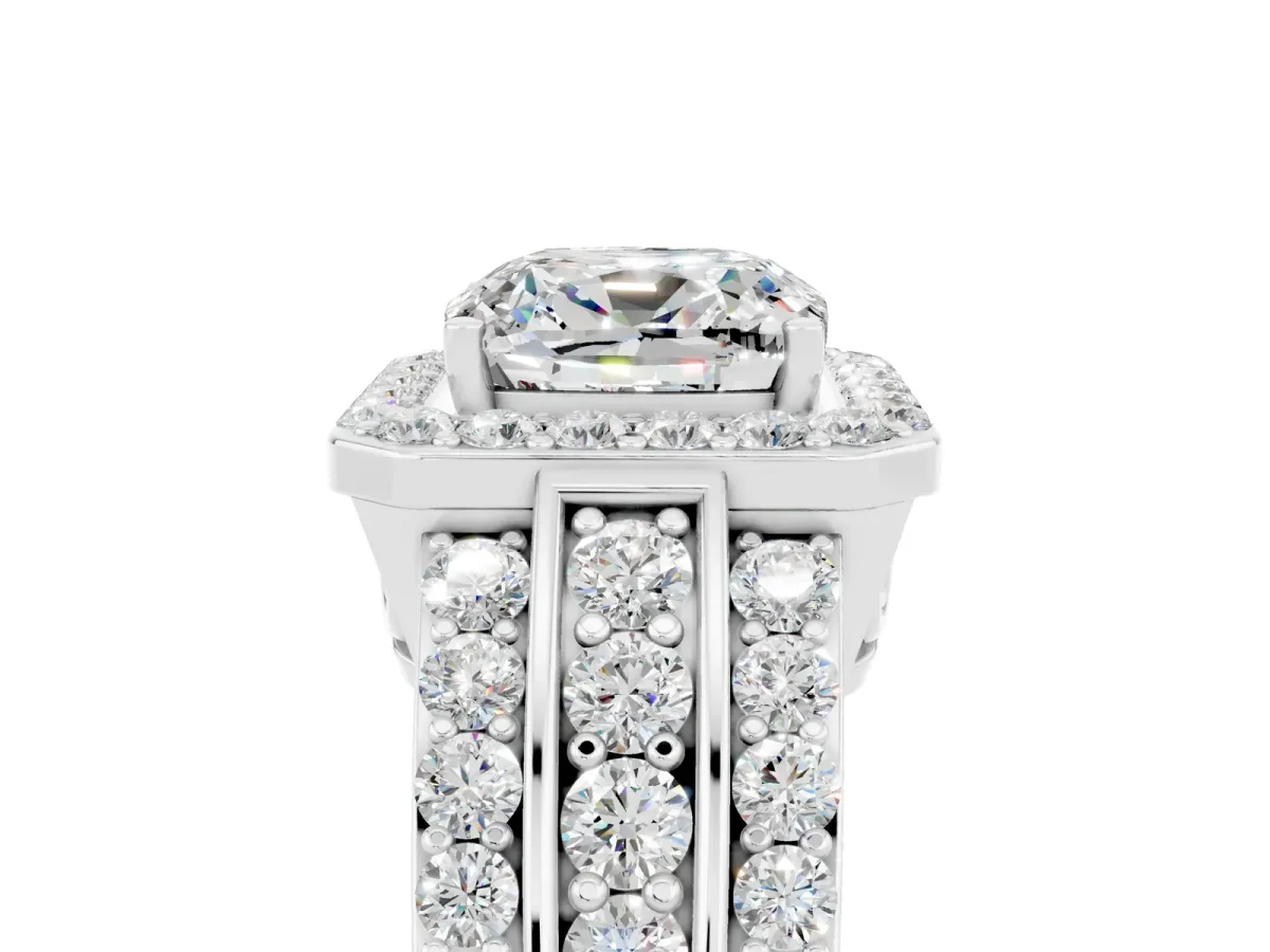 Cushion Cut Halo Moissanite Ring with Round Split Shank and Prong Setting Platinum