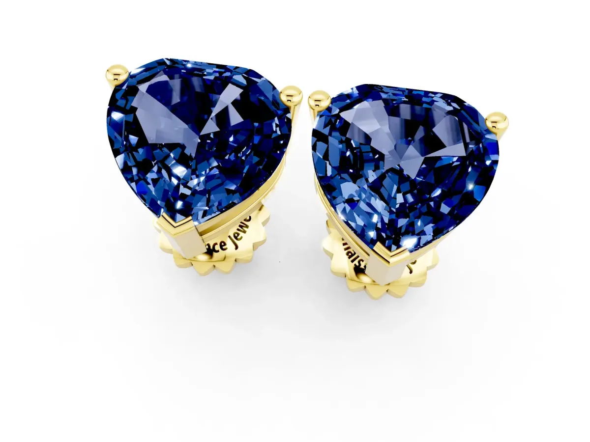 Heart Cut Blue Sapphire Stud Earrings Yellow gold