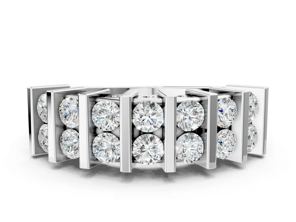 Channel Set Round Diamond Step Band with Bar Prong Setting Silver