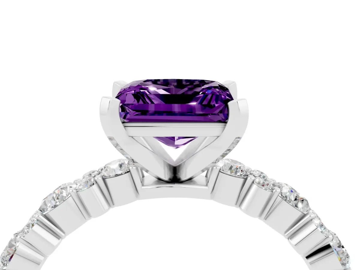 Princess Cut Amethyst Side Stone Solitaire Ring with Round and Four-Prong Setting Silver