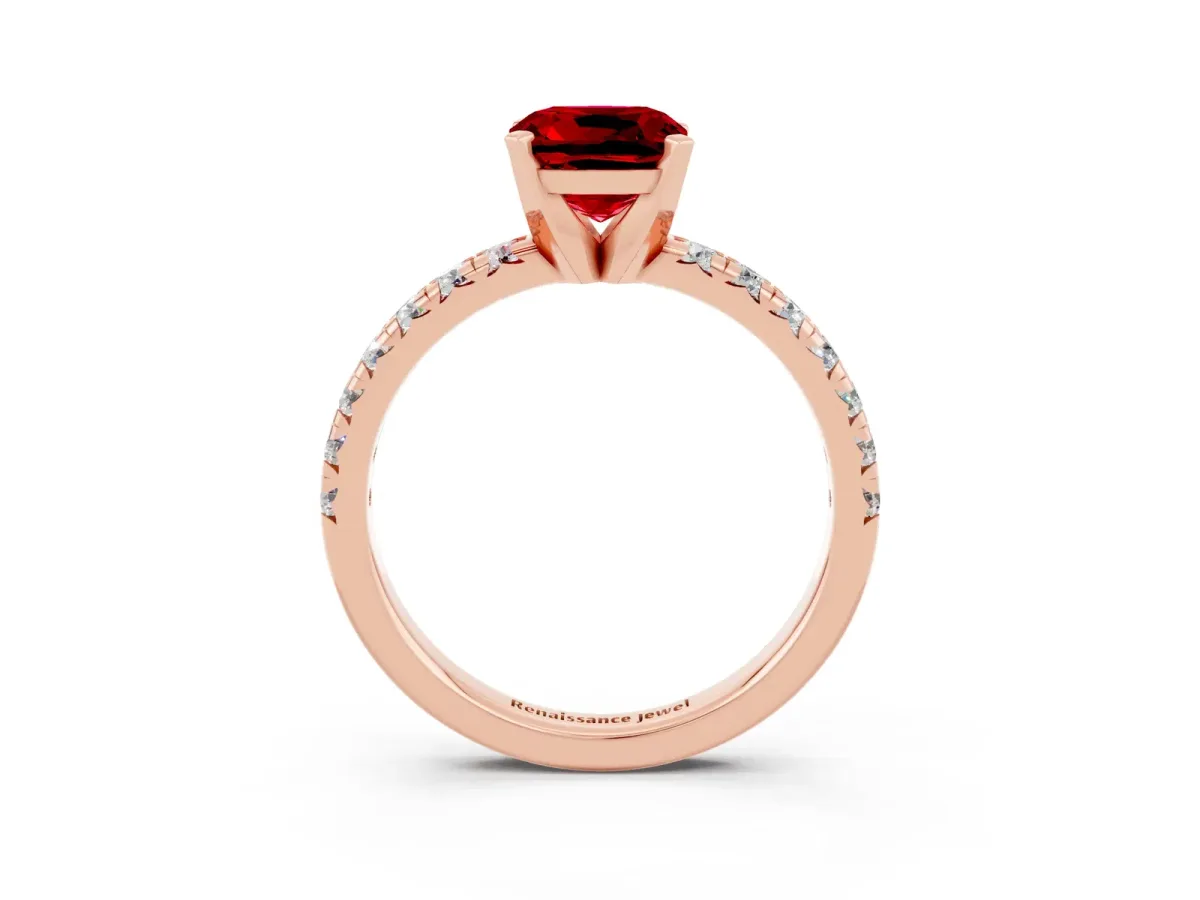 Cushion Cut Ruby Solitaire Pavé Engagement Ring with Round Band and Prong Setting Rose gold