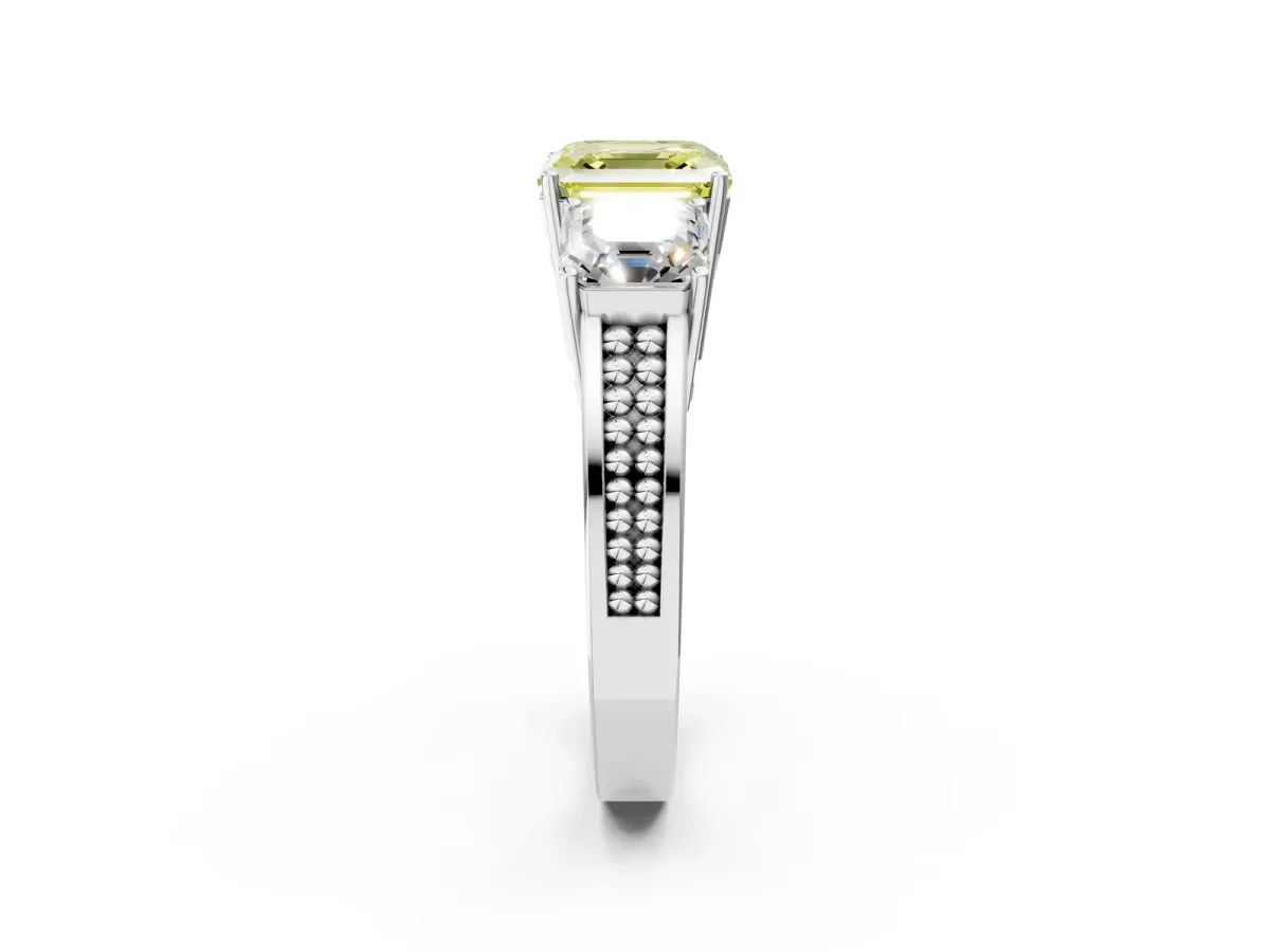 Fancy Yellow Asscher Cut Diamond Three-Stone Ring with Prong Setting and Textured Band Platinum