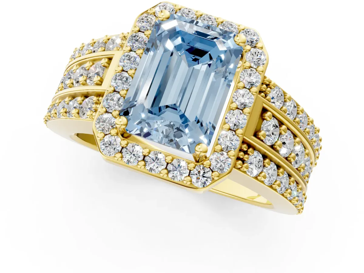 Fancy Blue Emerald Cut Halo Diamond Ring with Round Split Shank and Prong Setting Yellow gold