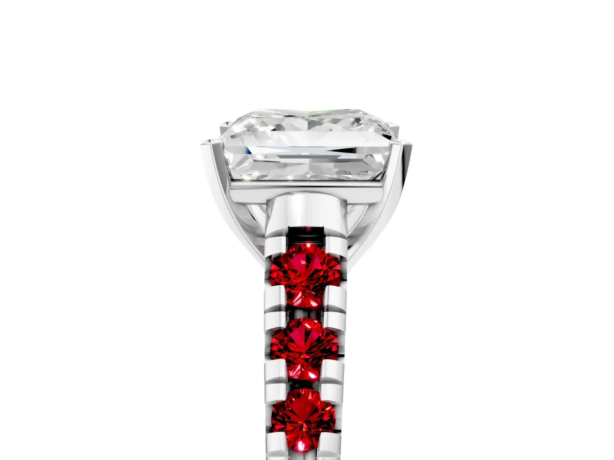 Princess Cut Diamond Cathedral Solitaire Ring with Round Ruby Pavé Band Silver
