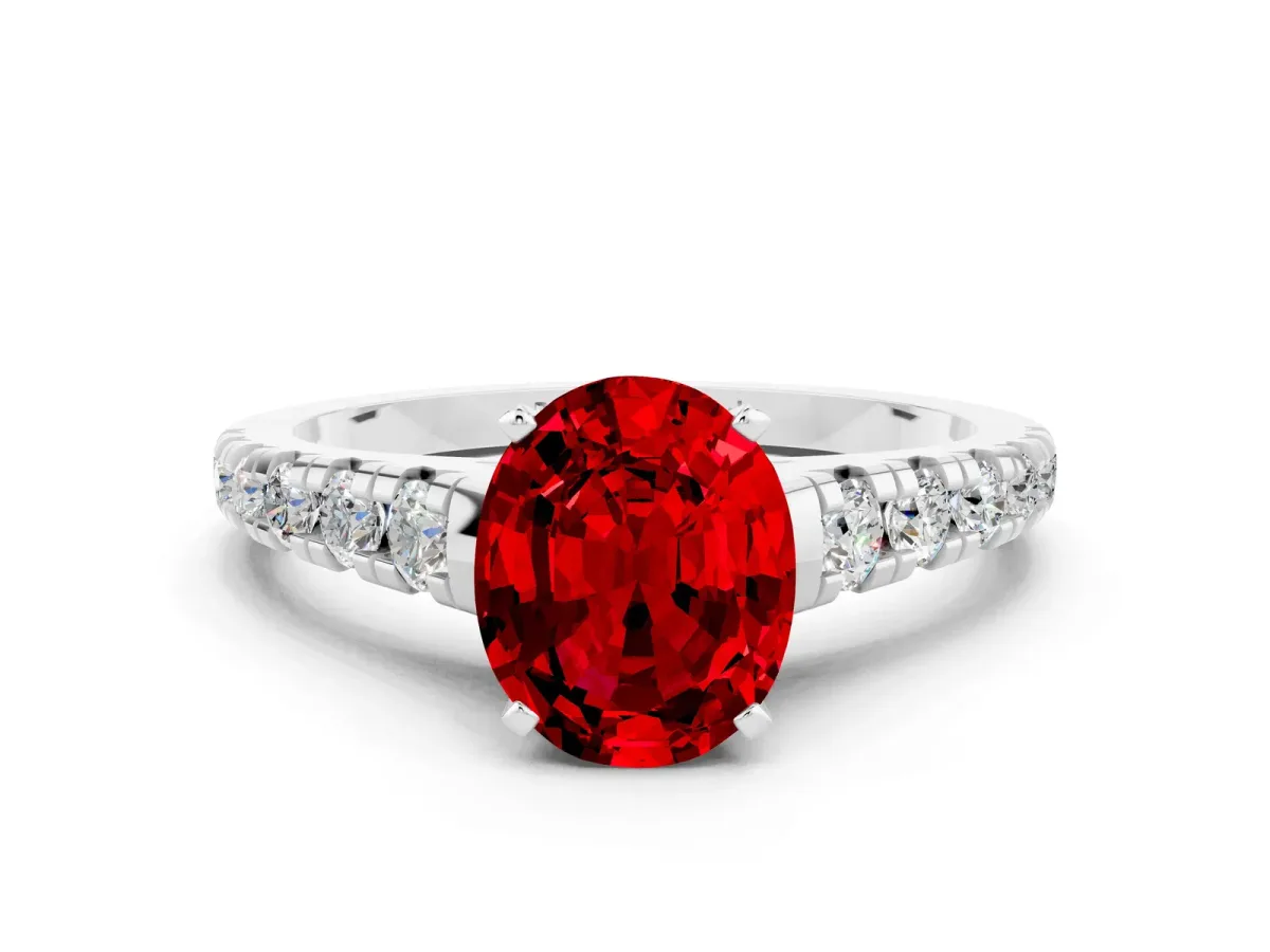 Oval Cut Ruby Cathedral Solitaire Ring with Round Pavé Band Silver