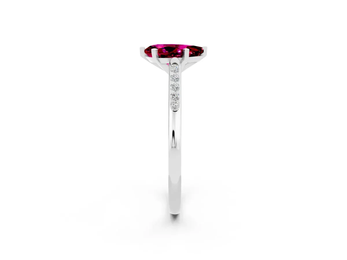 Pear Cut Garnet Solitaire Ring with Channel Set Round Band and Prong Setting Platinum