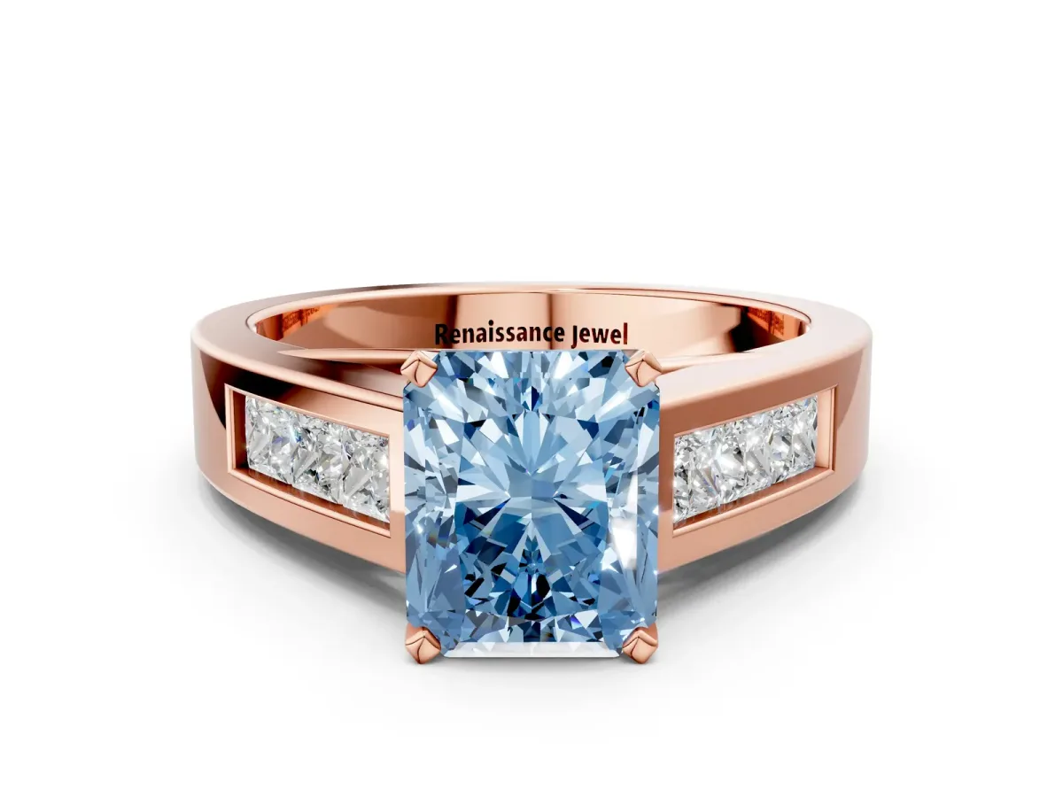 Fancy Blue Radiant Cut Cut Channel Set Solitaire Ring with Four-Prong Setting Rose gold