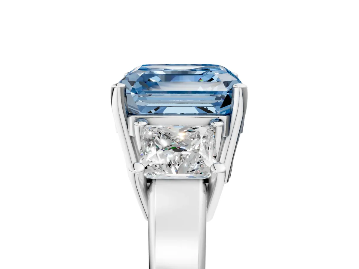 Fancy Blue Three-Stone Asscher Cut Cut Solitaire Ring with Prong Setting Platinum